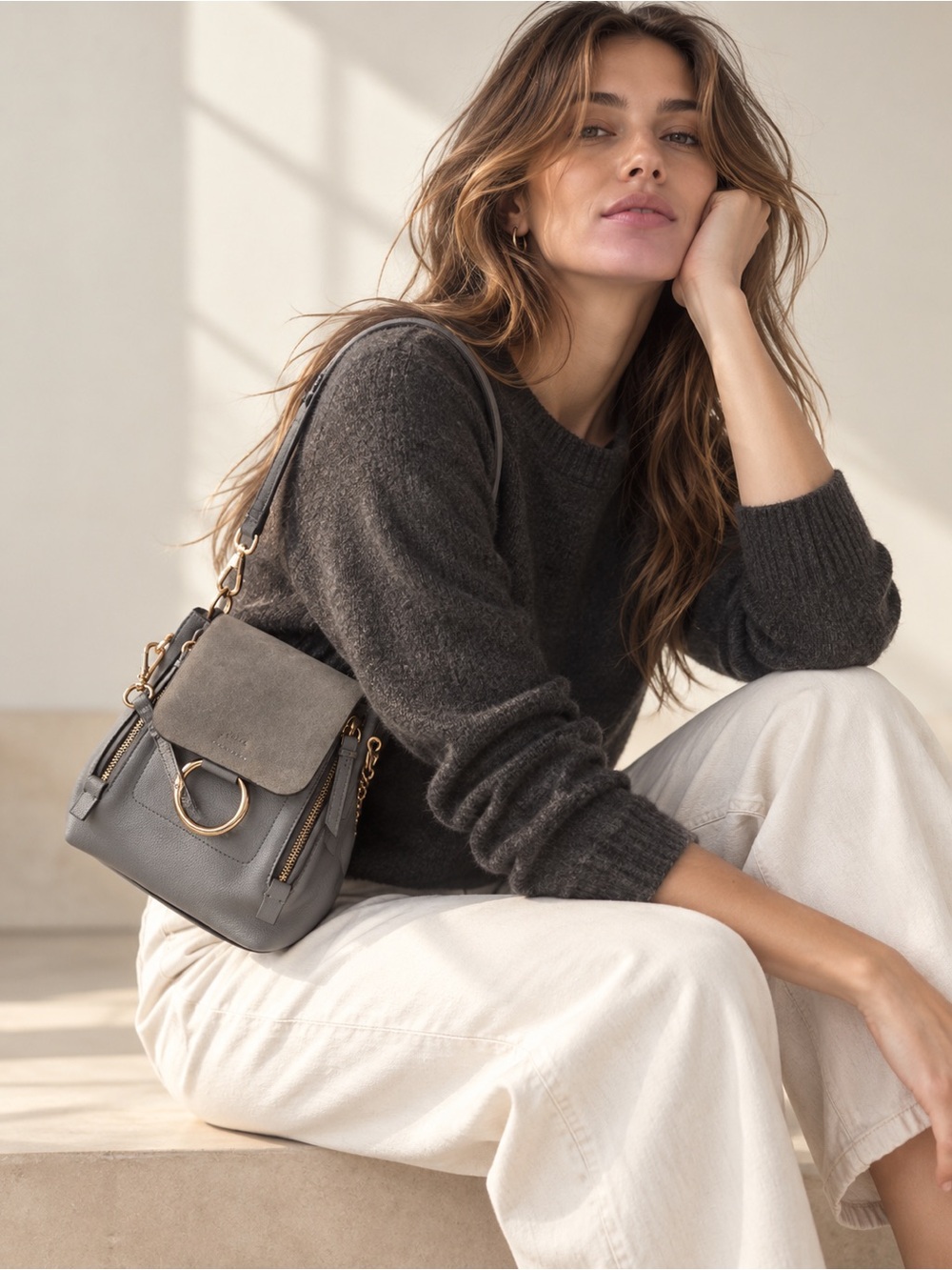 Authentic Chloé Faye Blue Grey Suede Calfskin Mini Convertible Backpack
